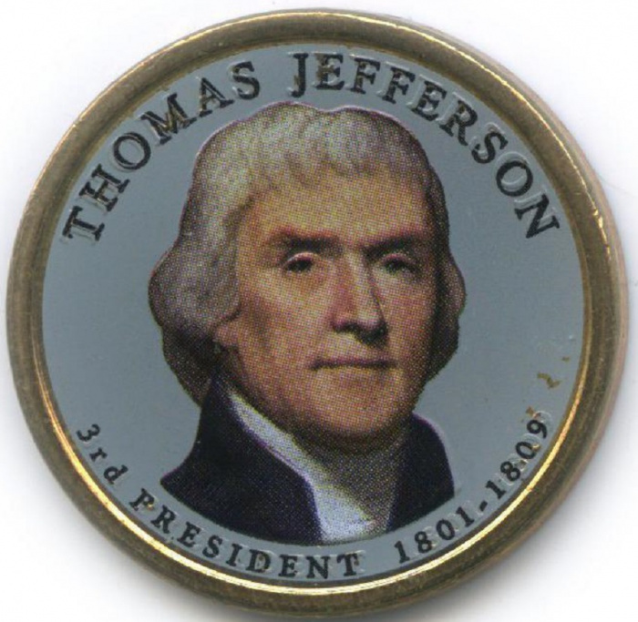 (03d) Монета США 2007 год 1 доллар &quot;Томас Джефферсон&quot;  Вариант №1 Латунь  COLOR. Цветная